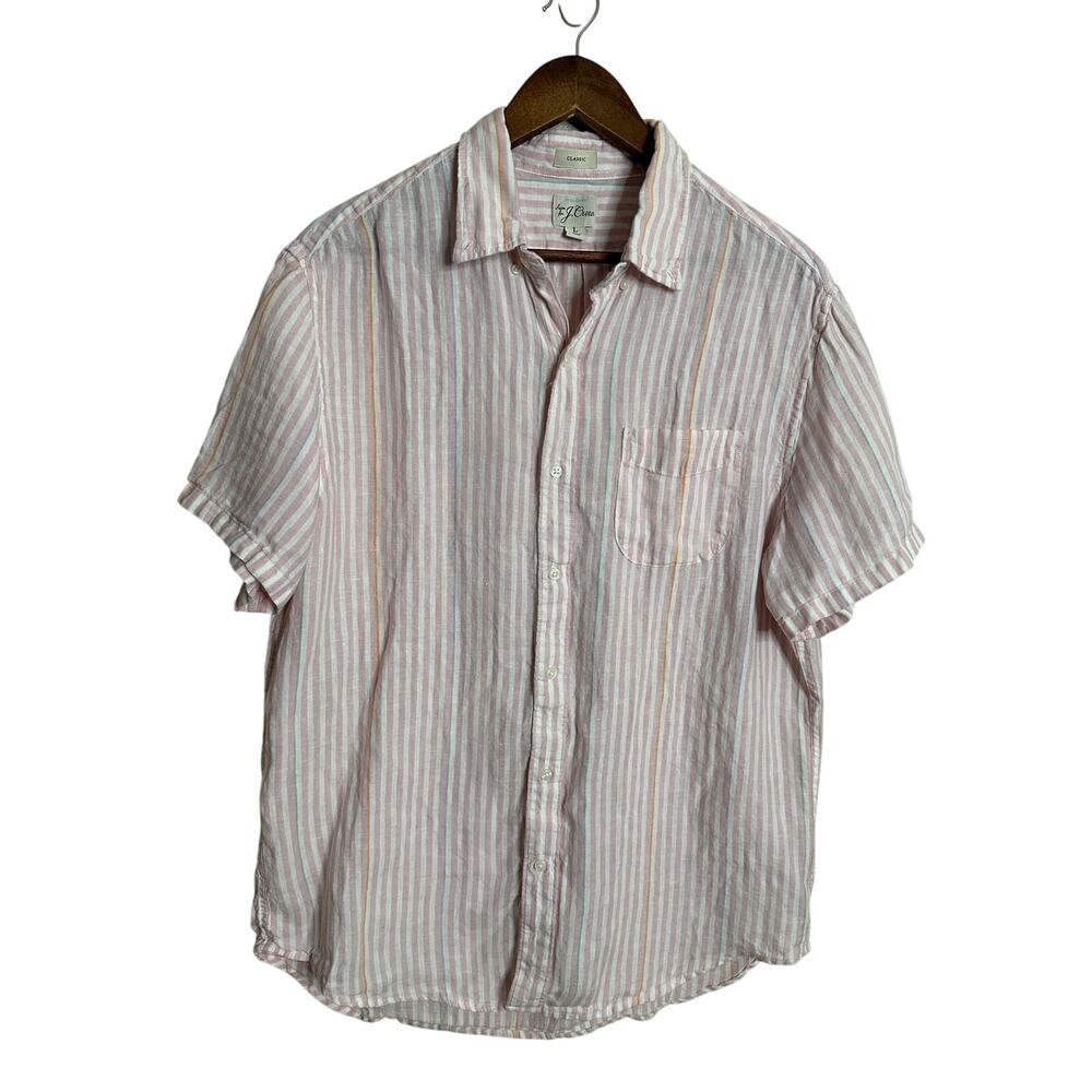 J.Crew Baird McNutt Irish Linen Shirt Pink White Stripe Short Sleeve size L